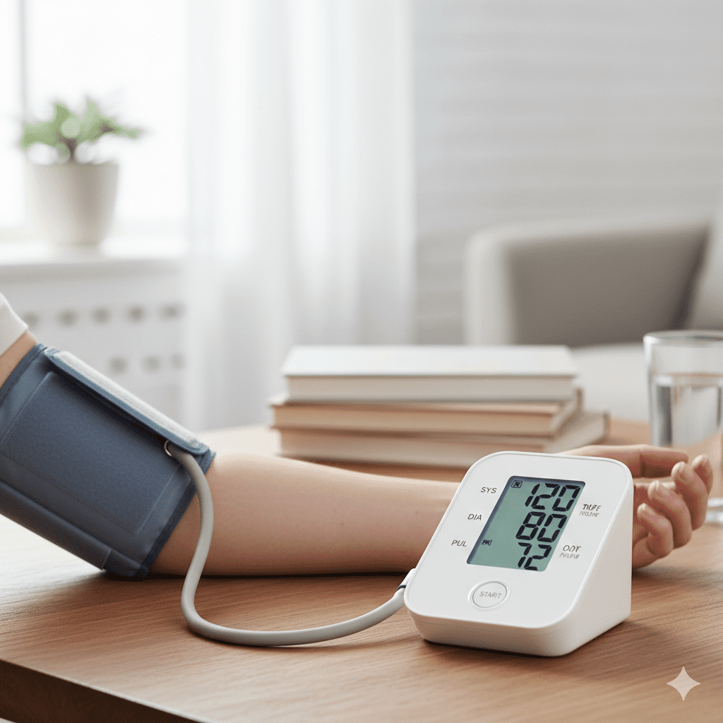 Checking blood pressure at home with digital monitor