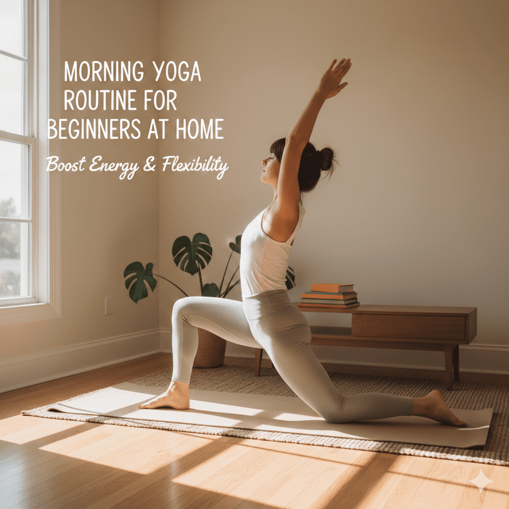 Morning yoga routine for beginners practicing easy poses at sunrise for energy and flexibility