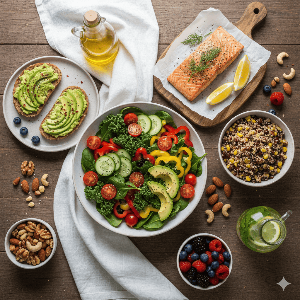 Healthy foods including vegetables, protein and whole grains to reduce belly fat naturally