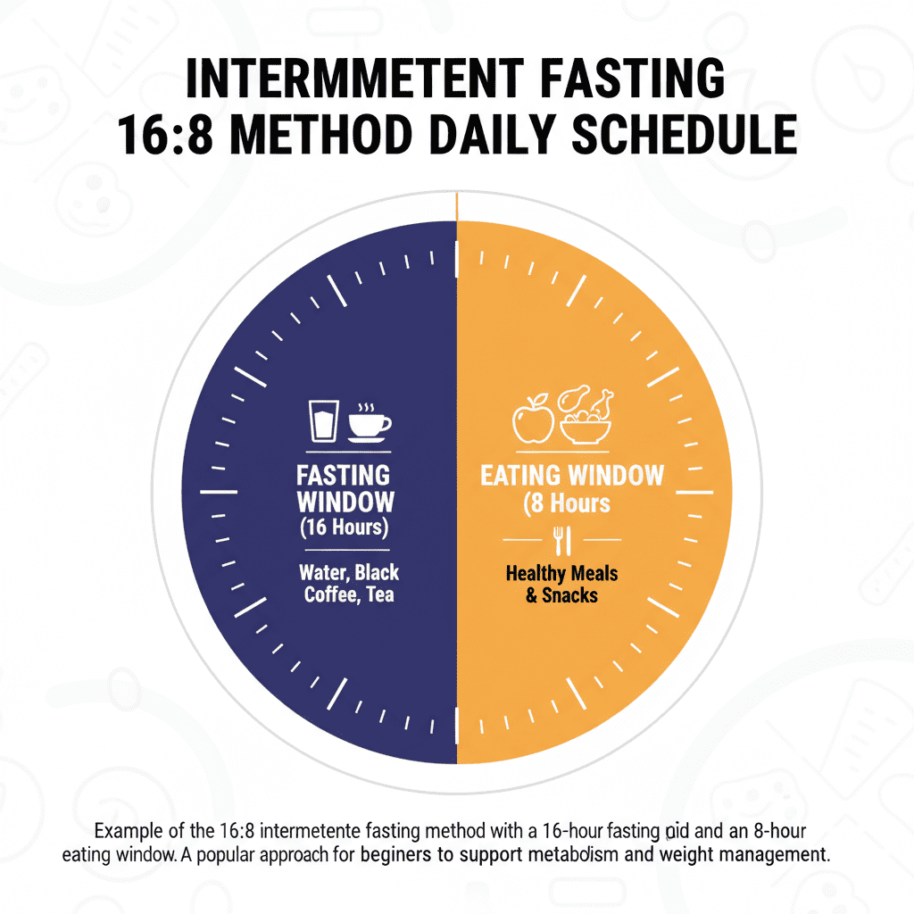 Intermittent fasting 16:8 schedule showing fasting and eating window