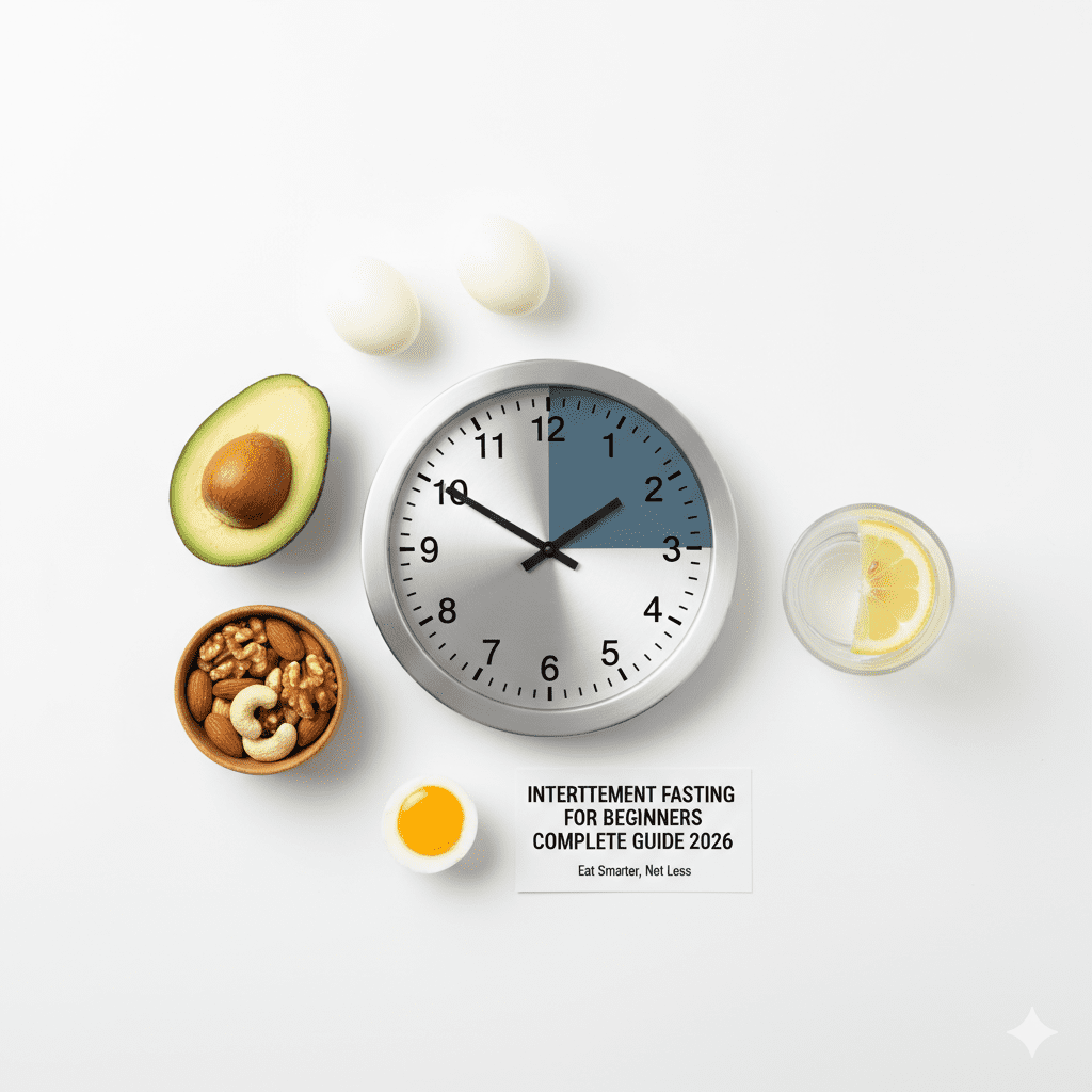 Intermittent fasting for beginners — clock showing 16:8 eating window with healthy foods