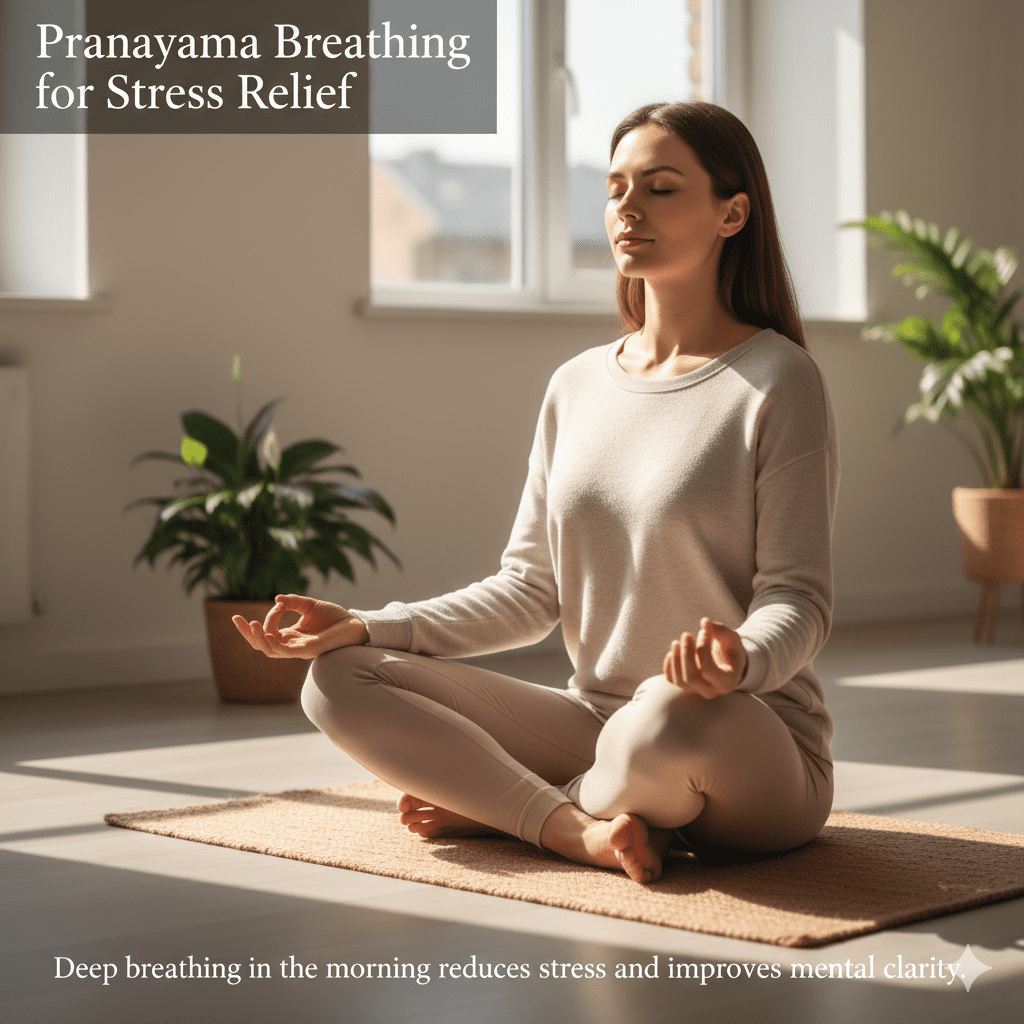 Pranayama breathing exercise in morning yoga routine for beginners
