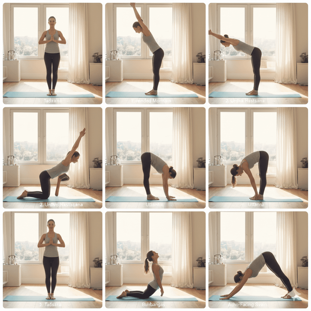 Sun salutation sequence in morning yoga routine for beginners