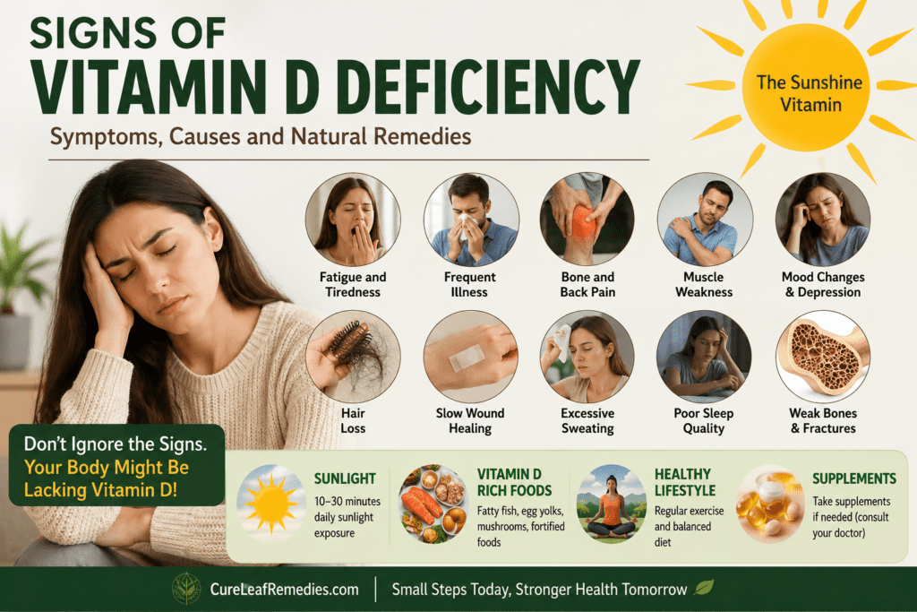 showing signs of vitamin D deficiency, including fatigue, bone pain, hair loss, poor sleep, and natural sources of vitamin D such as sunlight, fish, eggs, and mushrooms.